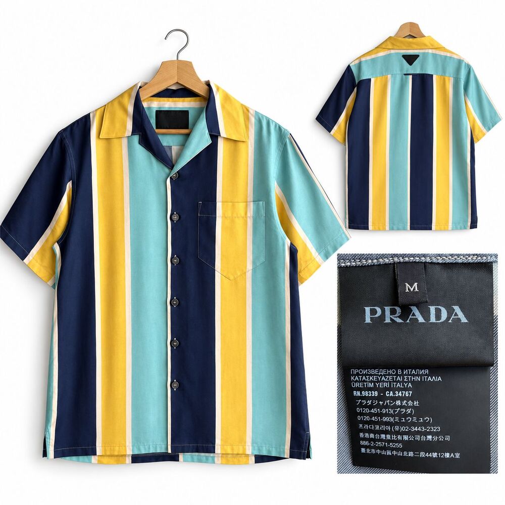Prada Multicolor Striped Silk Men’s Medium Bowling Shirt Button Up Authentic
